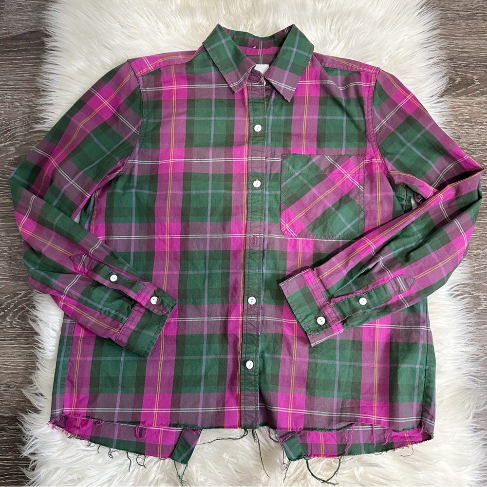 Current Elliott Womens Button Down‎ Plaid Shirt Camper Size 1 Small Fray Hem